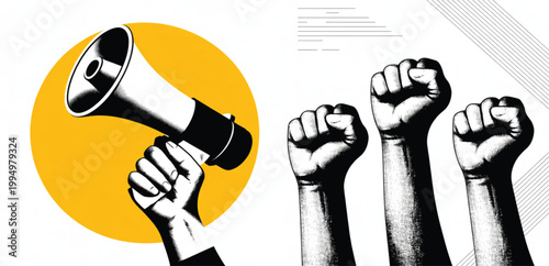Vintage Propaganda Style Illustration of a Hand Holding a Megaphone with Raised Clenched Fists for Protest Social Justice Activism and Freedom Speech Designs