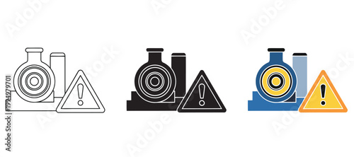 Industrial factory hazard icon set, chemical plant with warning sign, industrial safety concept, vector illustration