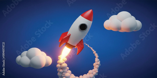 3D Cartoon Rocket Launch Vector Illustration with Smoke Trail and Clouds over Blue Background for Business Startup Growth Success and Innovative Tech Concepts