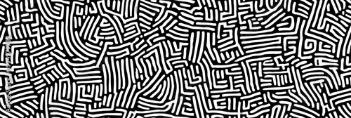 Abstract black line art creating a complex seamless labyrinth pattern on a white background. Black line art seamless pattern for design
