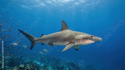 Hammerhead shark swimming underwater over a coral reef. Large marine predator in the blue ocean with a school of small fish. Wild aquatic sea life