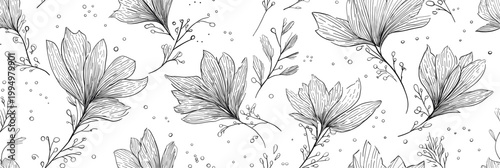 Christmas botanical seamless pattern with line art flowers. Delicate hand-drawn floral elements creating a repetitive winter season design