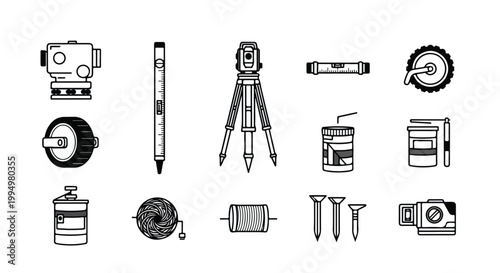 A flat lay of various architectural and engineering tools and equipment against a clean white background with a technical and professional mood.