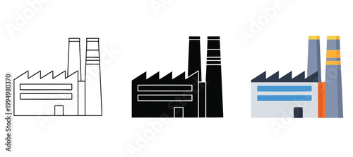 Factory building icon set, industrial plant with chimneys, manufacturing facility vector illustration in line, solid and flat design styles