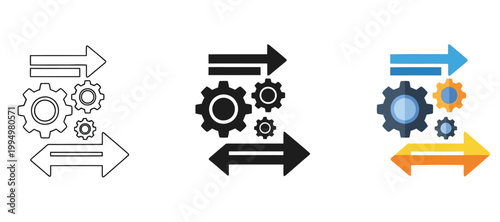 Set of gear icons with arrows, representing process flow, workflow, and mechanical operations