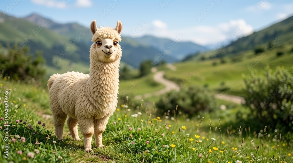 Naklejka premium Fluffy 3D cartoon llama standing in green mountain meadow. Cute smiling animal character in sunny landscape with wildflowers
