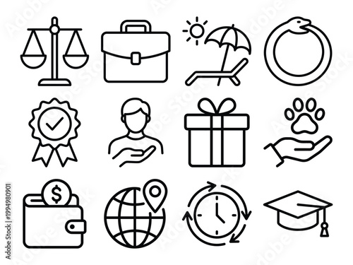 Icon set illustrating various concepts including law business travel time personal achievement symbols like scales