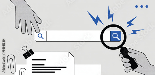Modern Flat Vector Illustration of Hands Using a Search Bar and Magnifying Glass for SEO Optimization Data Analysis and Digital Information Discovery Concept