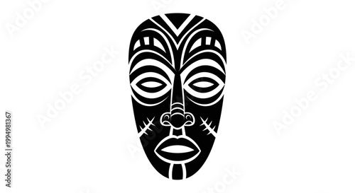 African tribal mask illustration in black and white vector style
