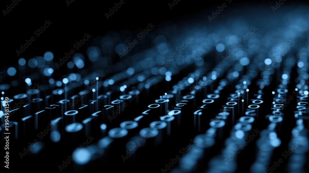 Fototapeta premium Abstract Digital Binary Code Flowing on a Dark Background with Blue Lights.