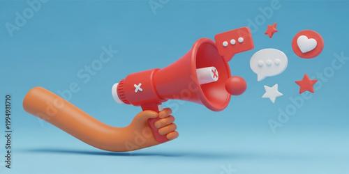 Professional 3D Digital Marketing Concept with Hand Holding Red Loudspeaker Megaphone and Social Media Interaction Symbols for Business Promotion and Online Advertising