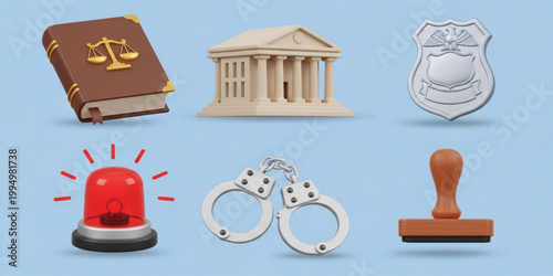 Professional 3D Law and Justice Icon Set with Law Book Courthouse Police Badge Emergency Siren Handcuffs and Stamp for Legal System and Law Enforcement Projects