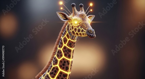Glowing neon giraffe head close-up portrait.