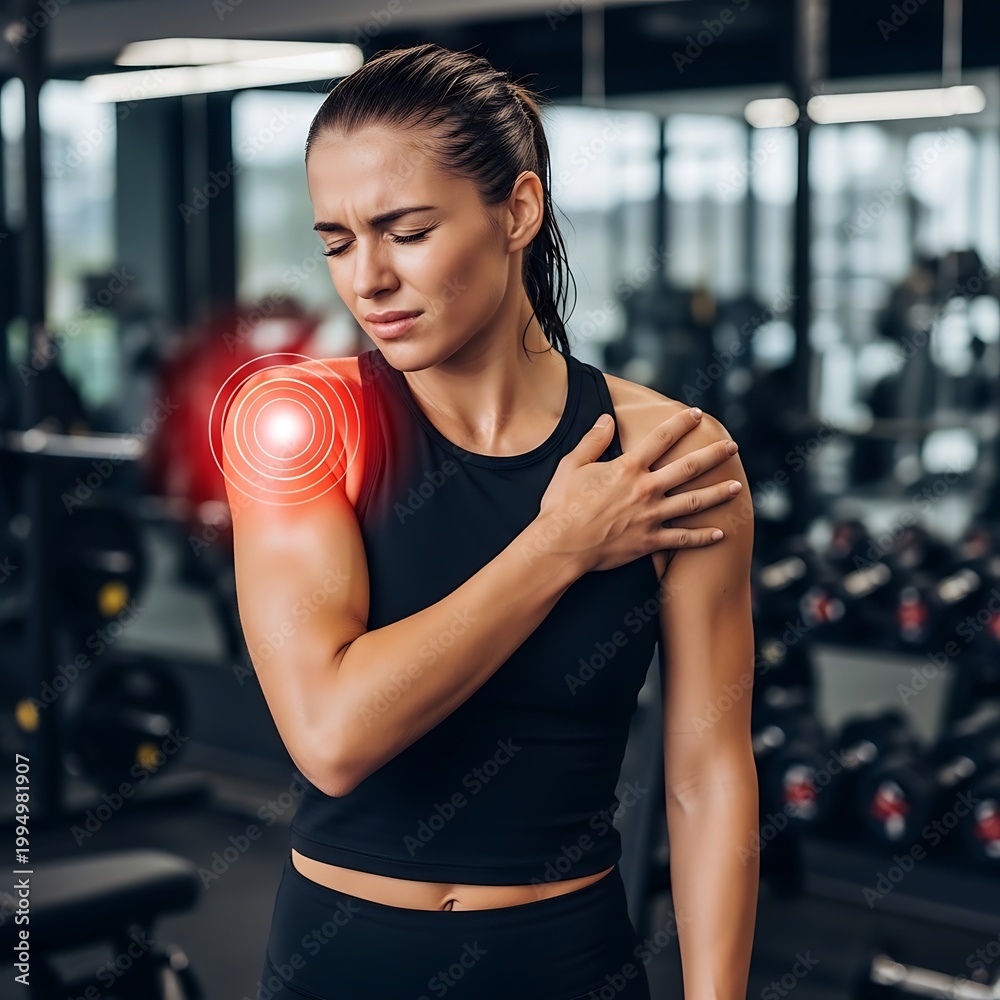 Fototapeta premium Woman experiencing shoulder pain at gym.