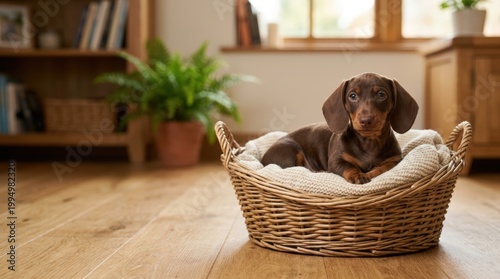 Brown Dachshund puppy resting in a wicker basket. Cute small dog lying on a soft blanket in a cozy living room