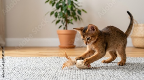 Abyssinian kitten playing with a toy mouse. Young brown cat hunting on a grey rug in a bright room