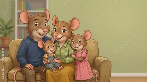 Happy cartoon mouse family sitting on sofa in living room. Cute 2D anthropomorphic animal characters in clothes posing for portrait