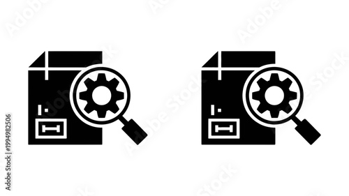 Package with magnifying glass and gear icon magnifying analysis business document information research