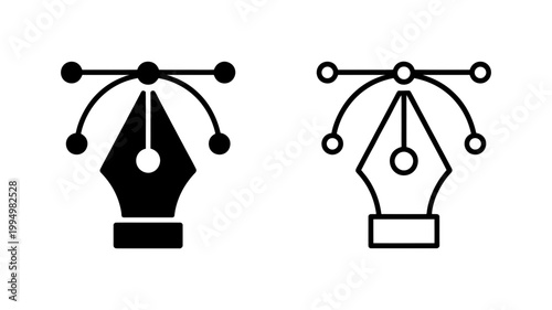 Digital pen tool icons in solid and outline styles for graphic design software and vector illustration