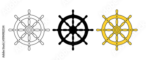 Detailed ship wheel helm icon set in outline black and yellow colors for nautical navigation and maritime