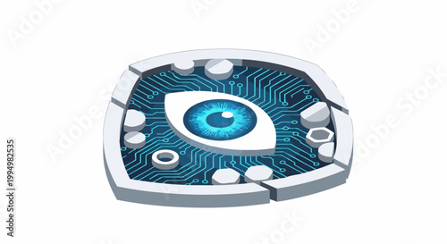 Isometric Cybersecurity Shield Icon with Digital Eye and Glowing Circuitry Pattern for Data Privacy and Surveillance Concept
