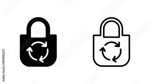 Reusable grocery bag icons featuring recycling symbol in solid and line art minimalist style, shopping