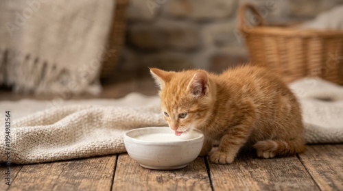 Orange tabby kitten drinking milk from a white bowl. Young domestic cat feeding on a rustic wooden floor