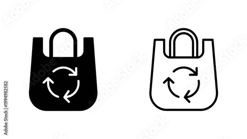 Eco friendly reusable shopping bag icons with recycle symbol in solid black and outline style, environment