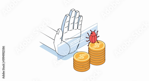 Isometric Cyber Security Concept: Shielding Financial Assets from Software Bugs and Malware Attacks