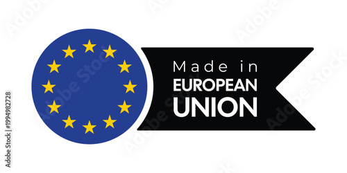 Made in European Union Ribbon Label with EU Flag, Blue Stars Badge and Black Banner, Product Origin Symbol, European Quality Certification Mark for Packaging, Branding and Retail Design