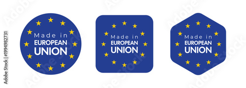 Made in European Union Labels Set with EU Stars, Blue Badge Collection, Product Origin Symbols, European Quality Certification Icons, Packaging Design Elements for Branding and Retail