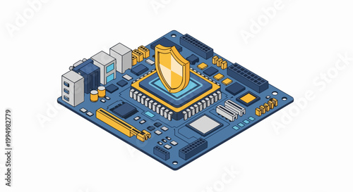 Isometric Motherboard with Golden Shield Icon for Cybersecurity and Hardware Protection Concept