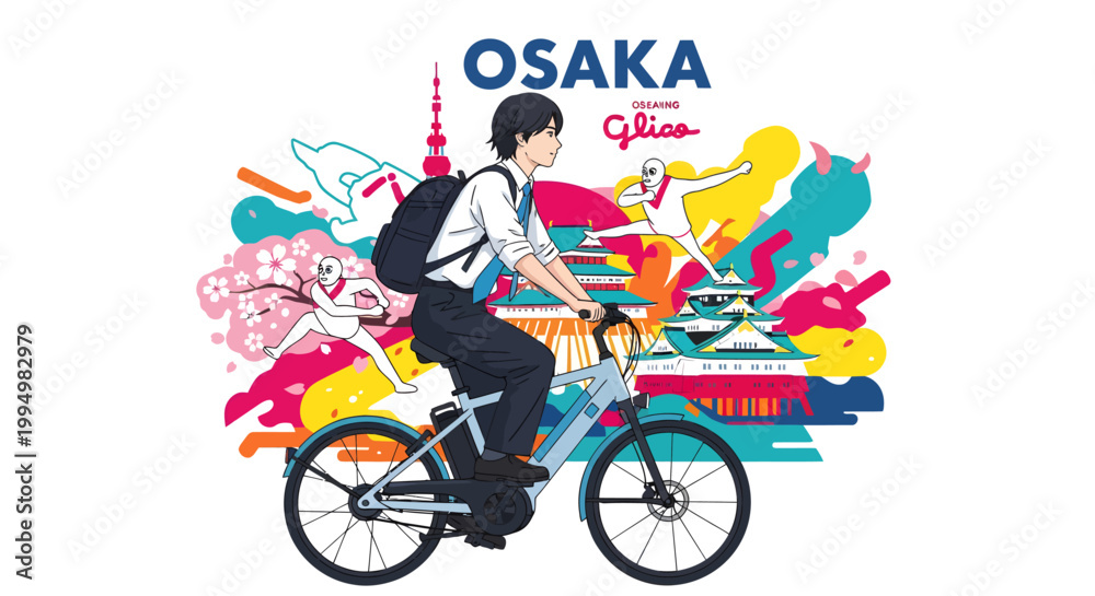 Fototapeta premium Osaka travel illustration with cyclist and cityscape