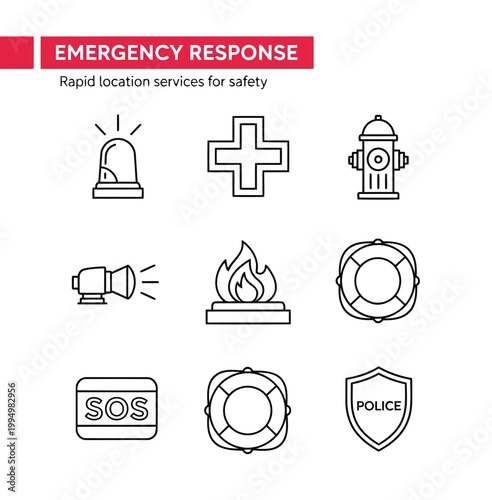Emergency response icons including a siren, medical cross, fire hydrant, and safety symbols