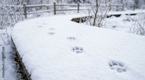 Close up of cat paw prints in fresh snow on a wooden boardwalk. Winter landscape with animal tracks on a path