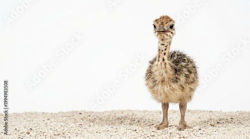 Baby ostrich standing on gravel against a white background. Isolated portrait of a fluffy young bird. Copy space