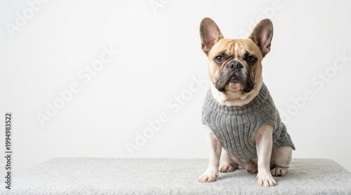 Fawn French Bulldog wearing a grey knit sweater on a white background. Cute pet dog studio portrait. Copy space for text