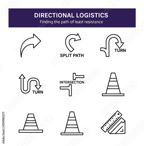 Directional logistics icons set with arrows and traffic cones