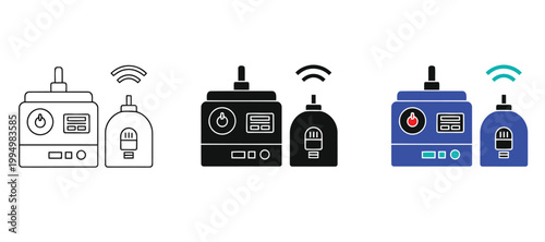 Remote control and wireless transmitter icon set, radio frequency device for industrial machinery and equipment