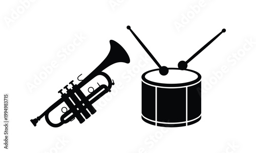 Music icons, black trumpet, drum set, musical instruments, vector graphics
