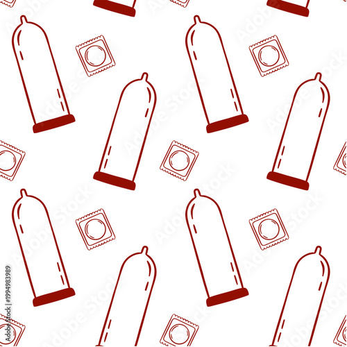 Hand-drawn red sketch of a condom, safe sex, contraceptive, minimalist pattern. Seamless repeat for sex shop or branding materials