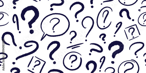 Sketched question marks seamless pattern. Vector hand drawn artistic doodle backdrop, ideal for exam material, questionnaires and think inspired design wallpaper. Repeat scribble ink print