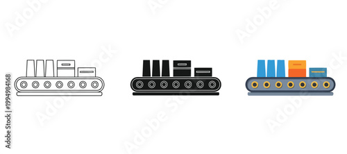 Conveyor belt with products icon set, flat, line and silhouette styles industrial production line with boxes and cups for manufacturing