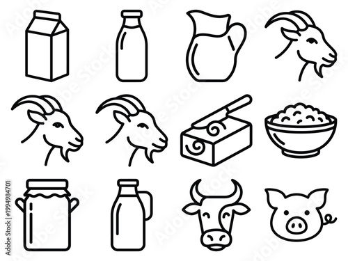 Dairy products and farm animals icons: milk goats cows with line art products livestock agriculture illustration