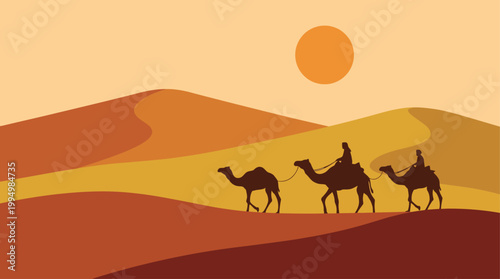 Camels Walking on Desert Sand.