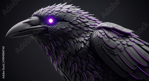 Majestic raven with glowing purple eye.