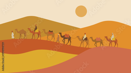 Camels Walking Desert Sand Dunes.