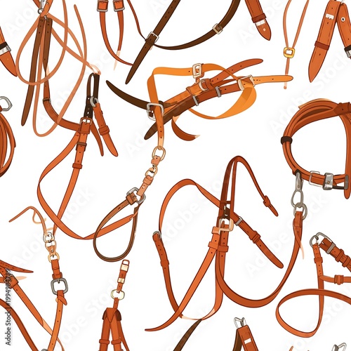 Brown leather horse bridles and reins.