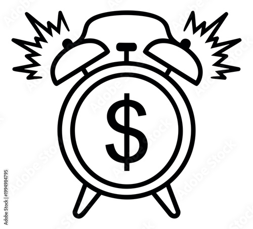 Outline illustration of a ringing alarm clock depicting a dollar sign coin face for finance and time management design