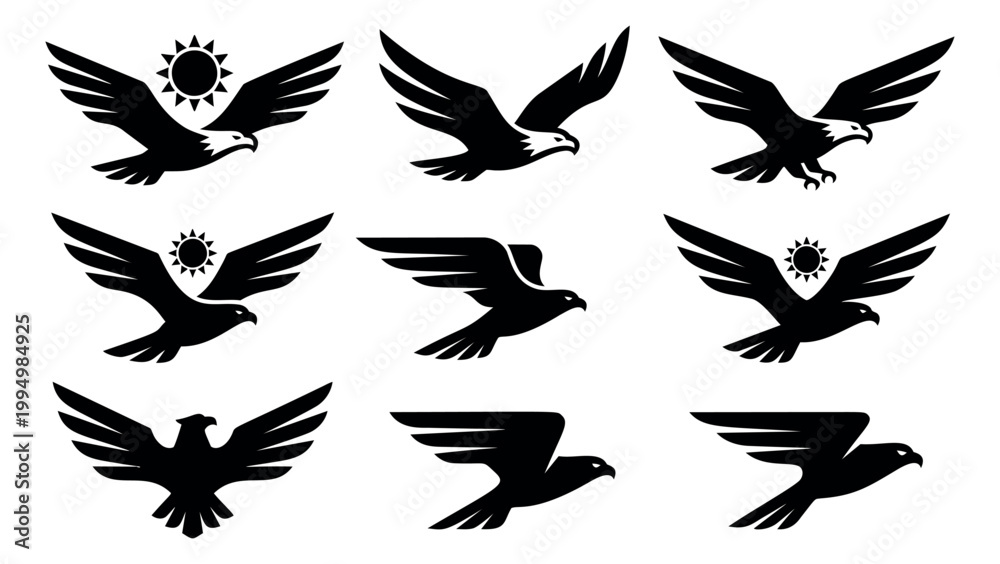 Fototapeta premium Silhouette icon set of 9 eagles featuring flying birds with spread wings and sun emblems for logo and branding design
